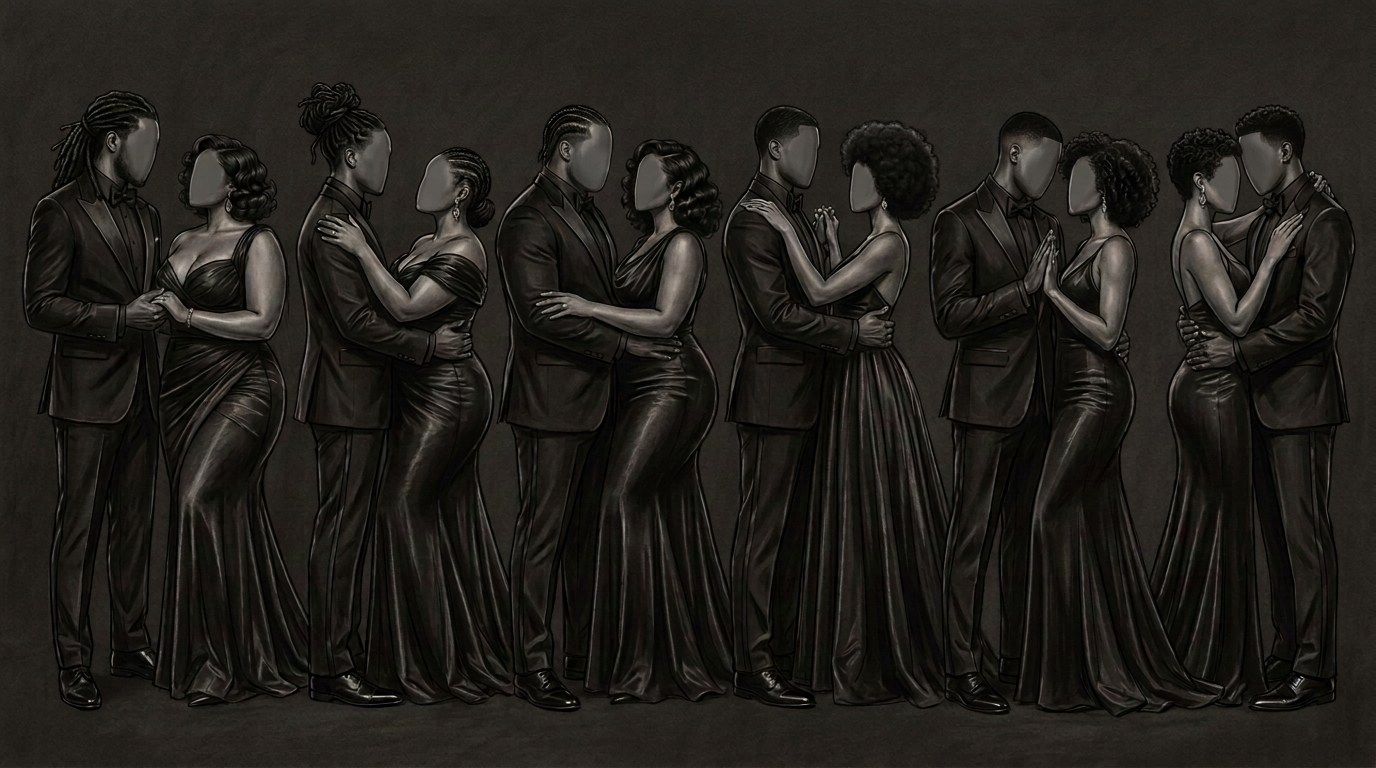 Hand-drawn grayscale fashion illustration of six faceless Black couples holding hands, embracing, and dancing in all-black tuxedos and floor-length evening gowns