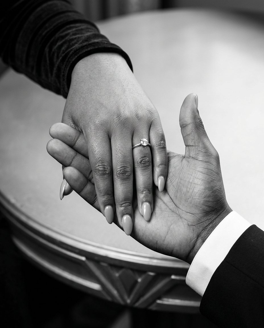 Newly generated black-and-white close-up of Jakki’s engagement ring and her hand resting in Clyde’s
