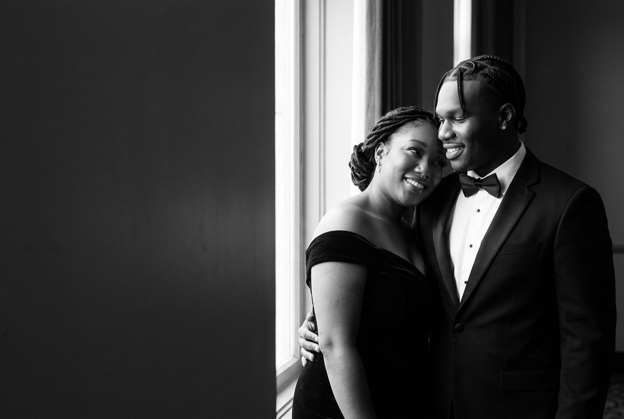 Newly generated black-and-white portrait of Jakki smiling beside Clyde by a ballroom window