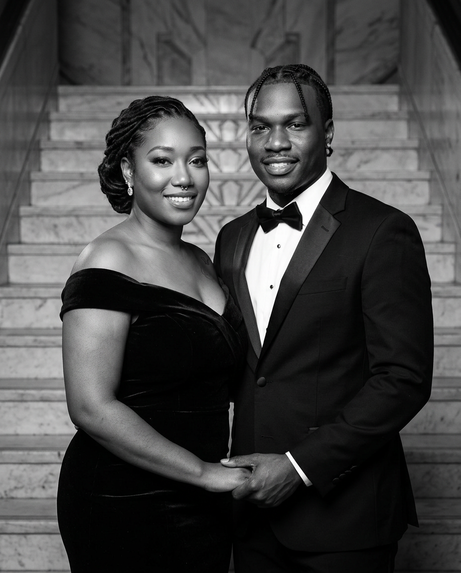 Newly generated black-and-white portrait of Jakki and Clyde together on an Art Deco staircase